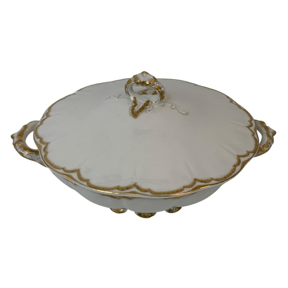 Antique Haviland France Limoges Covered Serving Dish With Gold Trim Chip H9078